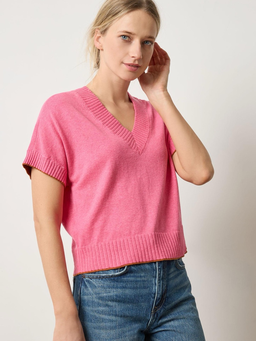 LOFT Short Sleeve V-Neck Sweater 100% Cotton Textured Knit in Pink Sz X-Small
